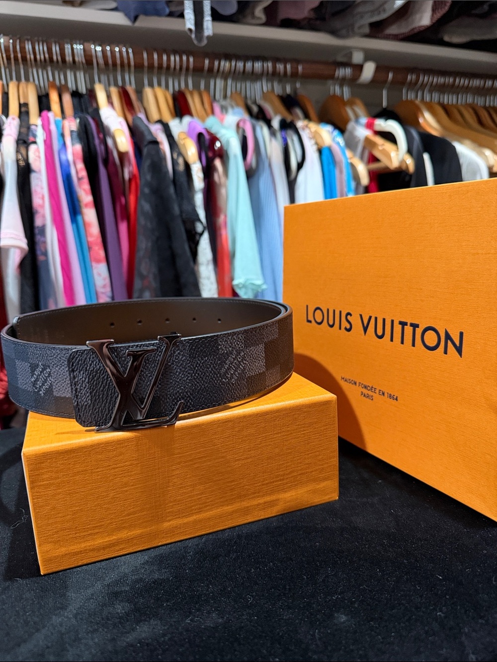 Louis Vuitton Black Damier Graphite LV Buckle Belt - size 90/36